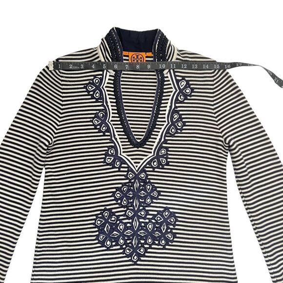 Tory Burch Knit Dress or Tunic V-Neck Long-Sleeve Black & White Striped Embroide - Picture 12 of 12
